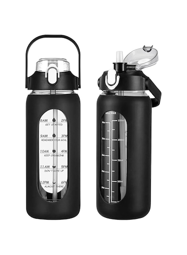 kytffu 56oz Glass Water Bottles with Straw, Motivational Glass Bottle with Silicone Sleeve and Time Marker, Leakproof Large Glass Water Jug for Gym Home Office, Black.
