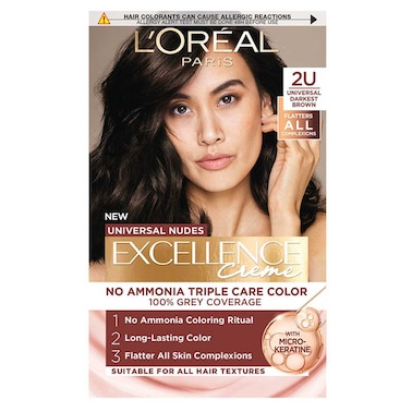 L&rsquo;Oreal Paris Excellence Creme Universal Nudes Permanent Hair Dye, 2U Universal Darkest Brown