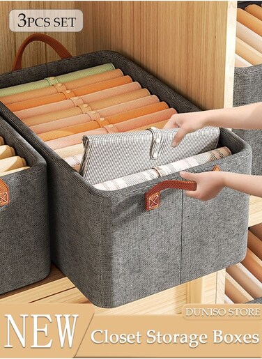 3pcs Cube Closet Storage Box with Portable Handle Large Capacity Closet Organizer Foldable Storage Bins Multifunctional Home Cubes Baskets for Clothing, Jeans, Toys, Books, Shelves, Closet, Wardrobe