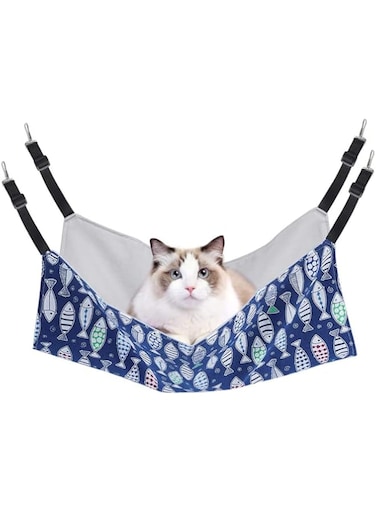 NeoStyle Cat Cage Hammock, Double Sided Hanging Adjustable Cat Hammock, Breathable Canvas Pet Indoor Cage Hammock for Kittens Puppy Small Pets (Blue Fish, L)