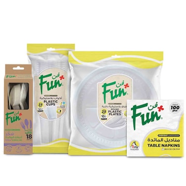 فن مجموعة أدوات مائدة للحفلات (25 طبقًا، 25 كوبًا، 100 منديل، 18 أداة مائدة)