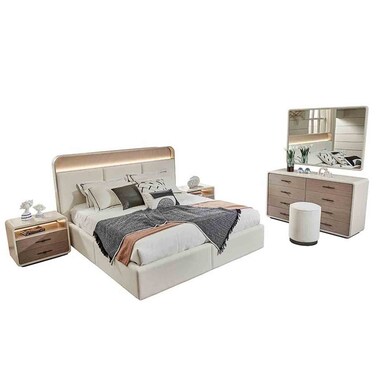 ليبرا طقم سرير كينغ 180×200 مع 2 طاولة جانبية بإضاءة LED وخزانة مع مرآة + كرسي - بني فاتح/بيج