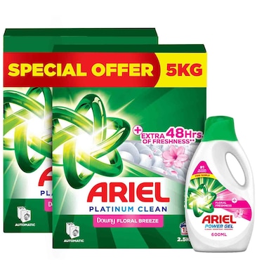 Ariel Platinum Clean Downy Floral Breeze Laundry Powder 5kg, with Ariel Power Gel 600ml