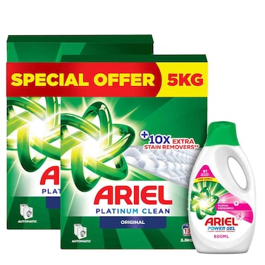 Ariel Platinum Clean Original Laundry Powder 5kg with Ariel Power Gel 600ml