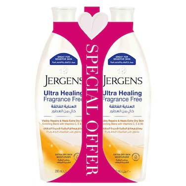 Jergens Ultra Healing Fragrance Free Extra Dry Skin Moisturizer With Vitamins C, E and B5, 200ml, Pack of 2