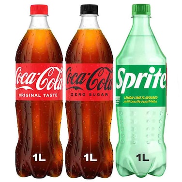 Coca-Cola Carbonated Drink, 1L + Coca-Cola Zero Sugar, 1L + Sprite Lemon Lime Flavoured Drink, 1L