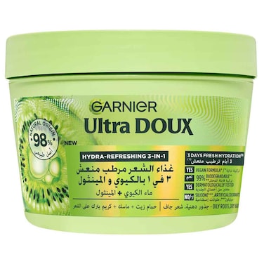 Garnier Ultra Doux Hydra Refreshing 3-In-1 Hair Mask Kiwi and Menthol, 390ml