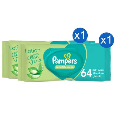 Pampers Complete Clean Baby Wipes with Aloe Vera, 64 Wipes, Pack of 2