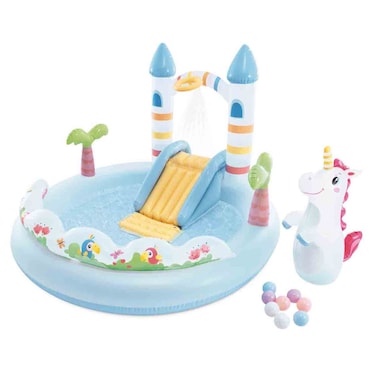 Intex Unicorn Castle Play Center Inflatable Kids Pool with Slide and Water Spray
