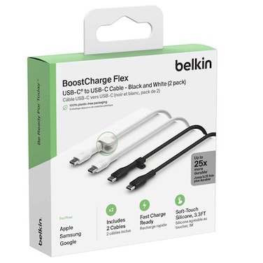 Belkin BoostCharge Flex USB-C to USB-C Cable Bundle Black and White, Pack of 2, 1M