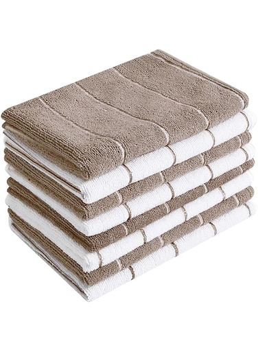 HYER KITCHEN Microfiber Towels - Super Absorbent, Soft and Solid Color Dish Towels, 8 Pack (Stripe Designed Brown and White Colors), 26 x 18 Inch
