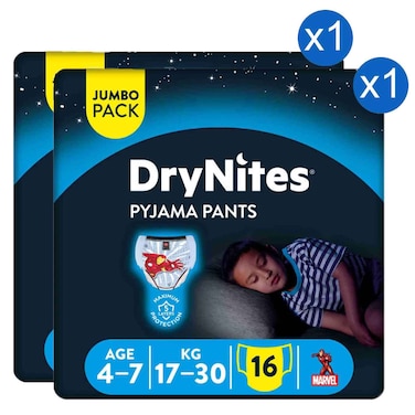 Huggies DryNites Night Pants for Boys 4 to 7 Years, Bedwetting Protection 16 Pants, Pack of 2