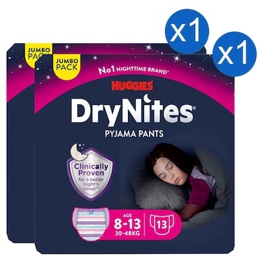 Huggies DryNites Night Pants for Girls 8 to 13 Years, Overnight Bedwetting Protection,13 Pants, Pack of 2