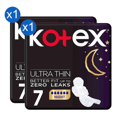 Kotex Ultra Thin Night Sanitary Pads, 7 Pads, Pack of 2