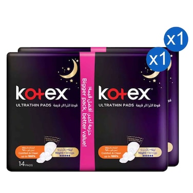 Kotex Ultra Thin Night Sanitary Pads with Wings 14 Pads, Pack of 2