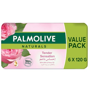 Palmolive Naturals Bar Soap Tender Sensation with Milk and Rose Oil, 120g, Pack of 6