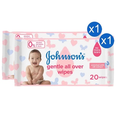 Johnson&rsquo;s Gentle All Over Baby Wipes Enriched with Silk Extract 20 Wipes, Pack of 2