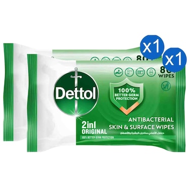 Dettol Antibacterial Skin and Surface Wipes 2 in 1 Original, 80 Wipes, Pack of 2