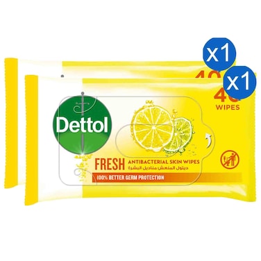 Dettol Antibacterial Skin Wipes Fresh Citrus, 40 Wipes, Pack of 2
