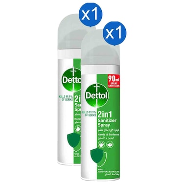 Dettol 2in1 Sanitizer Spray Hands and Surfaces with Aloe Vera Extracts, 90ml, Pack of 2