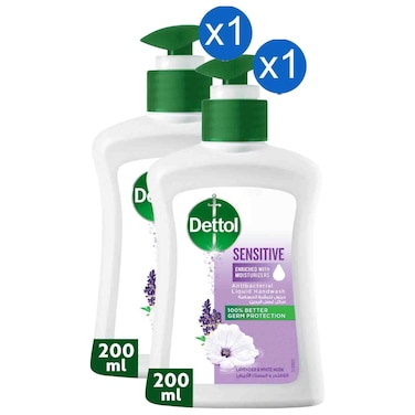 Dettol Sensitive Antibacterial Liquid Hand Wash Lavender and White Musk with Moisturizers, 200ml, Pack of 2