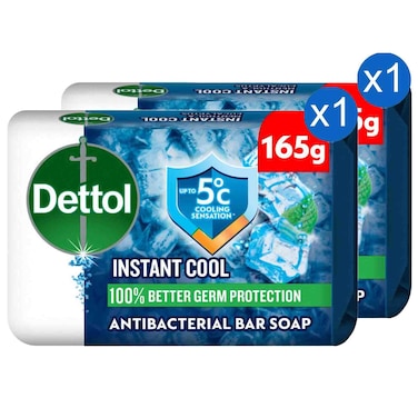 Dettol Instant Cool Antibacterial Bar Soap Cooling Sensation, 165g, Pack of 2
