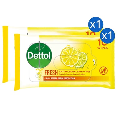 Dettol Fresh Antibacterial Skin Wipes Citrus, 10 Wipes, Pack of 2