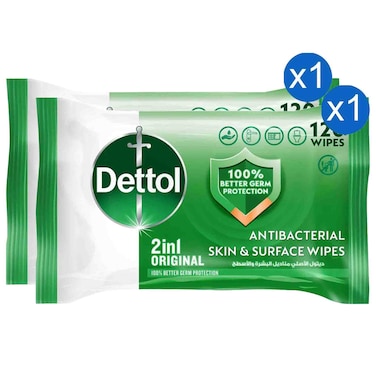 Dettol Antibacterial Skin and Surface Wipes 2 in 1 Original, 120 Wipes, Pack of 2