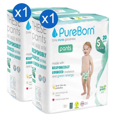 PureBorn Pull-Up Pants Size 5 XL, 12&ndash;16kg, 20 Pants, Pack of 2