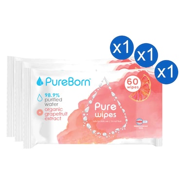 PureBorn Pure Grapefruit Baby Wipes, 60 Sheets, Pack of 3
