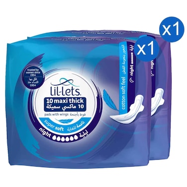 Lil-Lets Maxi Thick Night Pads with Wings, 10 Pads, Pack of 2