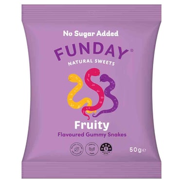 Funday Fruity Snakes Natural Sweets No Sugar Added, 50g