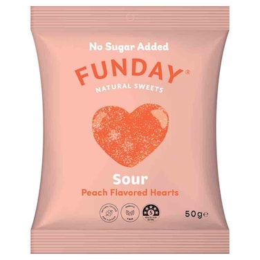 Funday Sour Peach Hearts Natural Sweets No Sugar Added, 50g