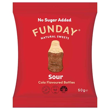 Funday Sour Cola Flavoured Bottles No Sugar Added, 50g