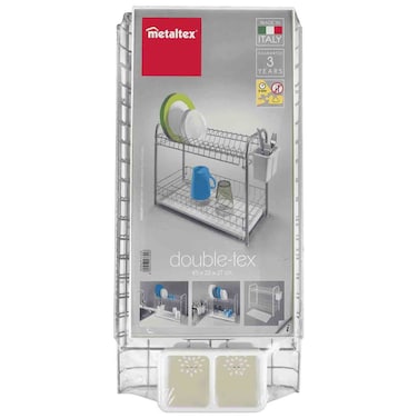 Metaltex Dish Drainer, 2 Tier Double-Tex Rack, Compact Kitchen Organizer with Cutlery Holder, 45x 23x37cm