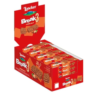 Loacker Break3 Hazelnut Wafer Bars, 19g, Pack of 30