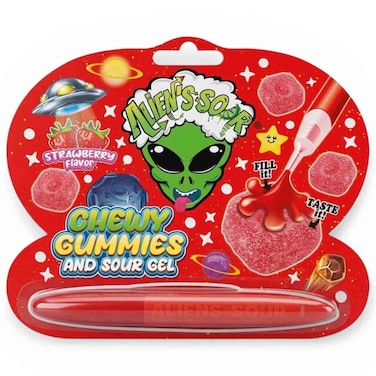 ألينز ساور حلوى الحامضة القابلة للمضغ مع جل حامض وقلم بنكهة الفراولة 55 غرام