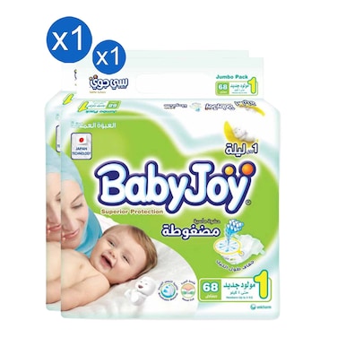 BabyJoy Tape Diapers Jumbo Pack Size 1 Newborn, 68 Diapers, Pack of 2