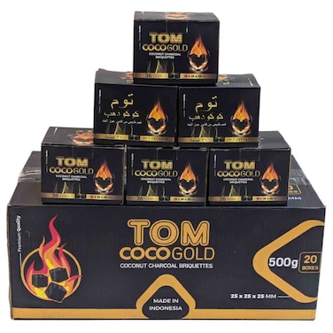 Tom Coco Gold Coconut Charcoal Briquettes 500g, with 3 Mazaj Pipes
