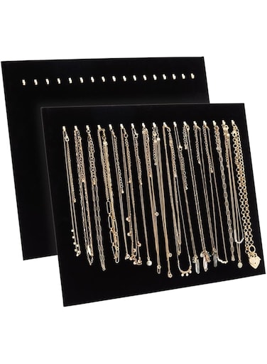 Necklace Organizer - 2-Pack 17 Hooks Velvet Necklace Board, Holder, Display Stand, Tray, for Bracelets, Chockers, Chains, Jewelry Storage, Show, Retail, Shop, Home, Black, 14.6 x 11.9 x 4.5 Inches