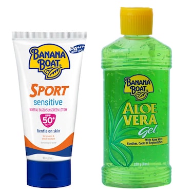 Banana Boat Sport Sensitive Sunscreen Lotion SPF50 Plus 90ml and Aloe Vera Gel 230g, Pack of 2