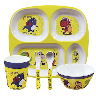 Dinewell Kids 5 Piece Dinner Set Dinosaur Design, Plate, Bowl, Tumbler, Spoon and Fork Set