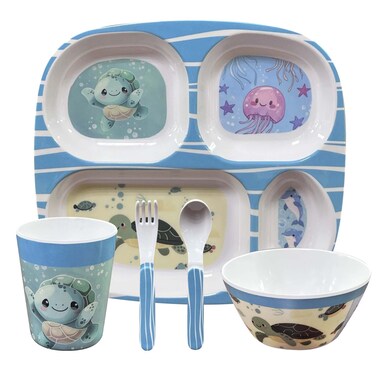 Dinewell Kids 5 Piece Dinner Set Sea Life Design, Plate, Bowl,Tumbler, Spoon and Fork Set