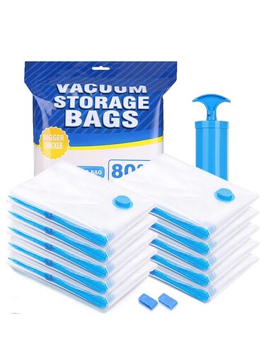 10 Pack Reusable Vacuum Storage Bags With Travel Hand Pump White/Blue 70x50cm