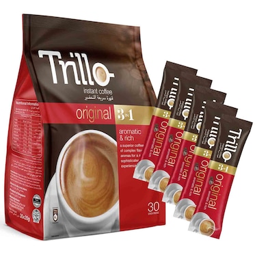 Trillo Instant Coffee Original 3 in 1 Stick Packs, 20g, Pack of 30