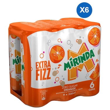 Mirinda Zero Sugar Orange Carbonated Soft Drink, 330ml, Pack of 6