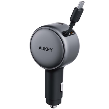AUKEY Pathfinder Reel Car Charger 67W with Built-in Cable, Fast Charging, Black