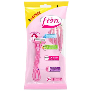 Fem Triple Blade Disposable Razors with Aloe Vera Glide Strip, 12 PCS