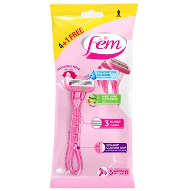 Fem Triple Blade Disposable Razors with Aloe Vera Glide Strip, 5 PCS