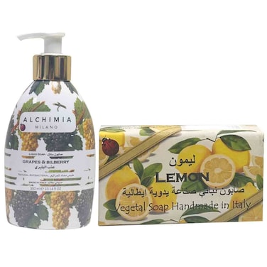 Alchimia Liquid Soap Grapes and Bilberry 300ml with Vegetal Lemon Soap 100g, Pack of 2